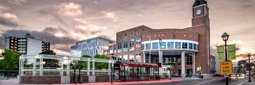 Brampton downtown building with a bus stop