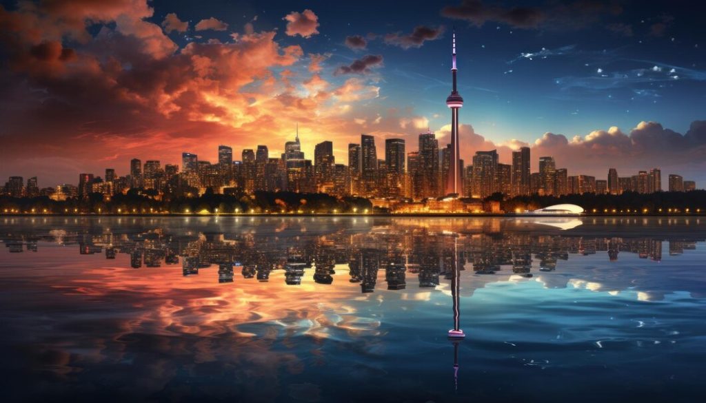 Toronto city skyline with a reflection of a sunset