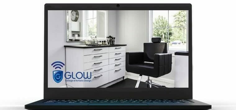 GLOW College laptop with image of spa environment inside.