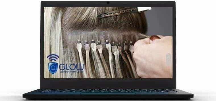 GLOW College laptop with image of hair extensions.