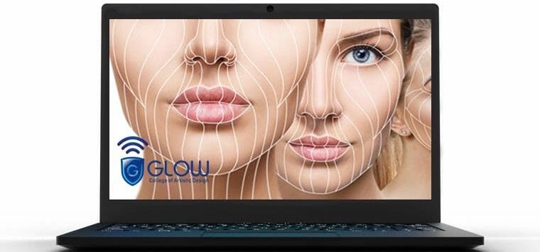 GLOW College laptop with image of a facial analysis of a woman.