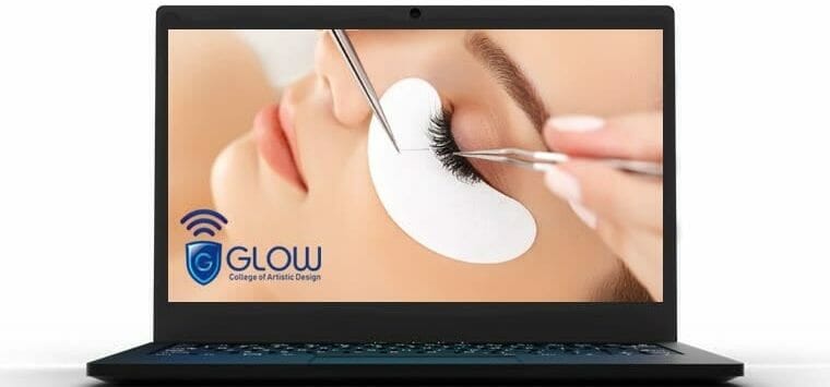 GLOW College laptop with image of woman receiving lash extensions.