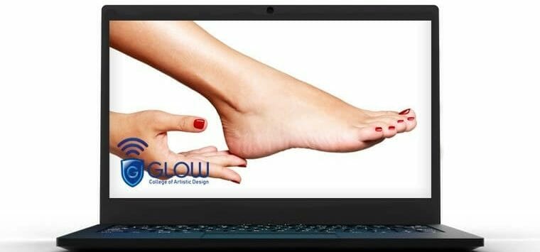 GLOW College laptop with image of woman's pedicured foot.