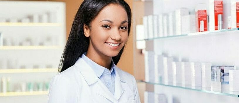 Cosmetic laboratory professional in a pharmaceutical setting.