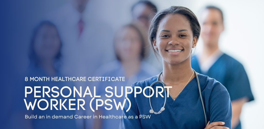 Female Personal Support Worker standing in front of a group of medical professionals.